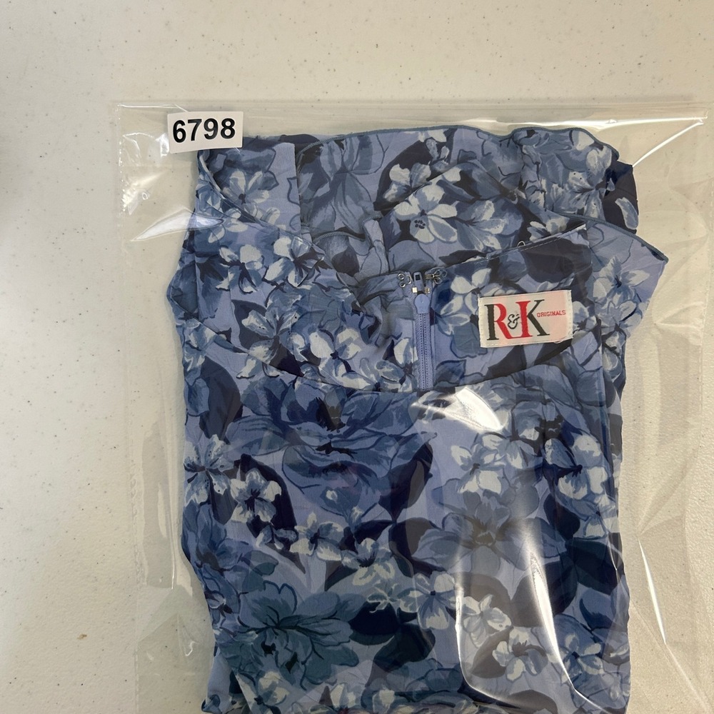 RK Originals Blue Floral Sleeveless Ruffle Hem Midi Sheath Dress Sz 12 - Picture 8 of 8